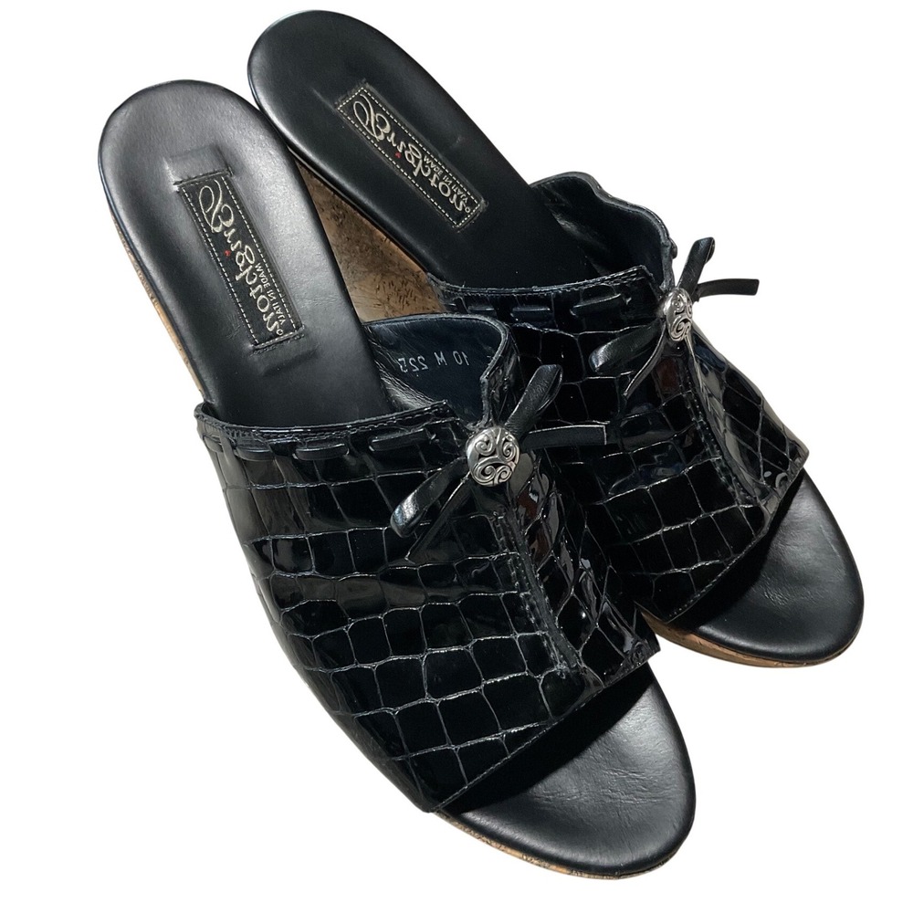 Brighton Shore Wedge Sandals Women 10 Black Croco Patent Leather Cork Slides